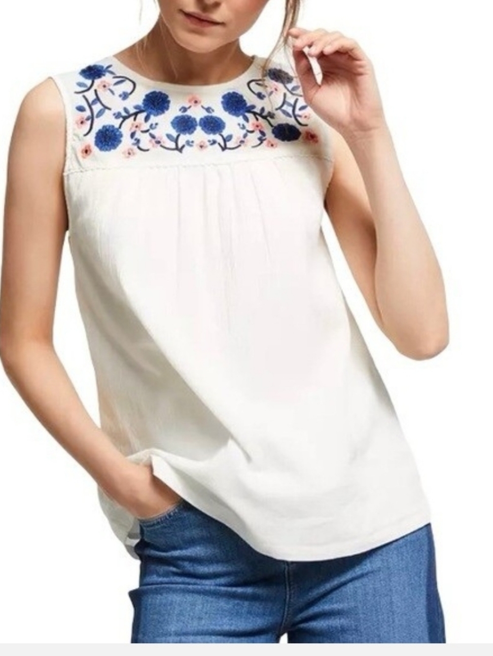 Boden embroidered floral white slsleeveless top size 14
